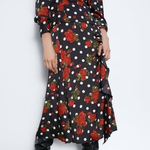 ZARA Flamenco Black/White Dot Red Roses Skirt NWT